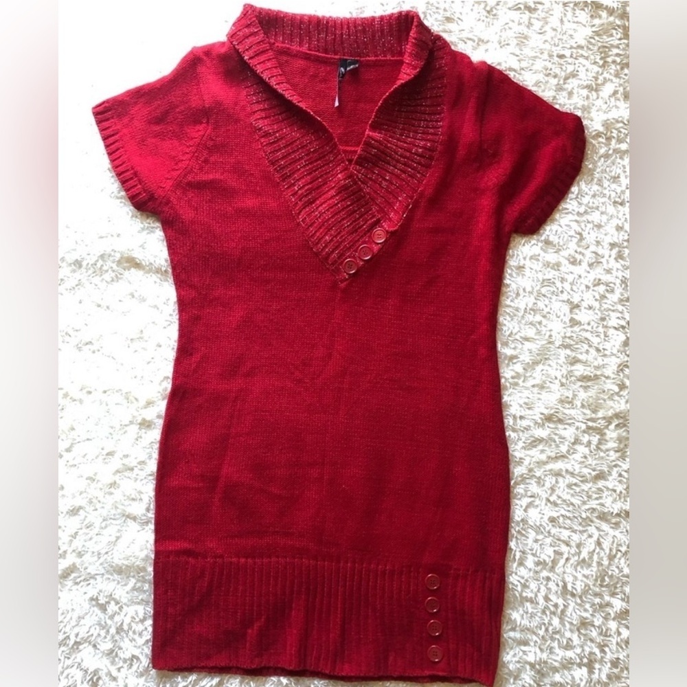 Extra Touch Red Short Sleeve V-Neck Collared Sweater Dress Size 2X